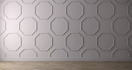 Light beige gray wall with octagon molding and light coloured wood chevron parquet floor. Horizontal frontal composition. 3d render.