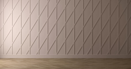 Light beige gray wall with molding and light wood chevron parquet floor. Taupe color. Horizontal frontal composition. 3d render.