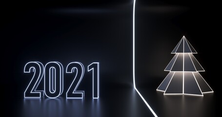 Futuristic dark new year scene with neon light figures 2021 with and Christmas tree. 3d render
