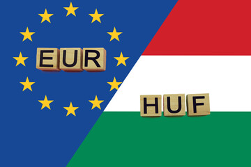 United Europe and Hungary currencies codes on national flags background