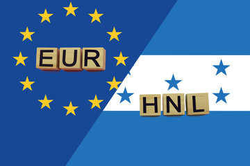 United Europe and Honduras currencies codes on national flags background