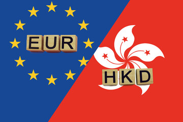 Fototapeta na wymiar United Europe and Hong Kong currencies codes on national flags background