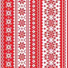 Christmas Scandinavian vector seamless pattern - red and white festive knitting, cross-stitch vertical oriented design with snowflakes