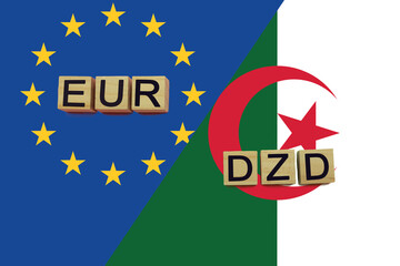 United Europe and Algeria currencies codes on national flags background