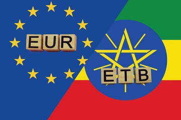 United Europe and Ethiopia currencies codes on national flags background