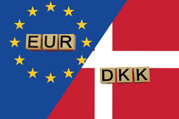 United Europe and Denmark currencies codes on national flags background