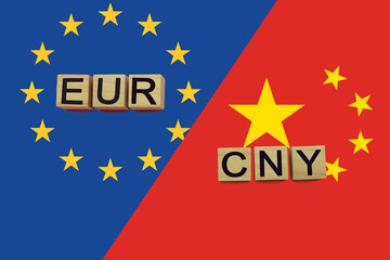 United Europe and China currencies codes on national flags background