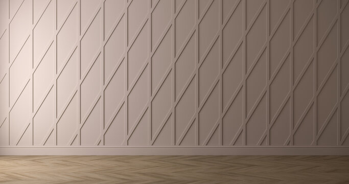 Light Beige Gray Wall With Molding And Light Wood Chevron Parquet Floor. Taupe Color. Horizontal Frontal Composition. 3d Render.