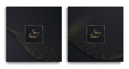 Luxury Premium design. Vector set packaging templates with different texture for covers, luxury products. Collection of design elements with golden foil. Black paper cut background. VIP design
