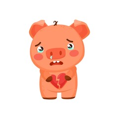 Obraz na płótnie Canvas Valentine's day clipart. A cute pig with a broken heart is crying. Unrequited love.Vector printable illustration with cartoon character 