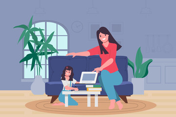Family Caregivers keeping children learning while at home. Stay at home and work from home together.	
