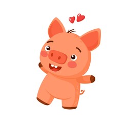 Valentine's day clipart. Cute loving piglet is jumping for love. Declaration of love. Vector printable illustration with cartoon characters