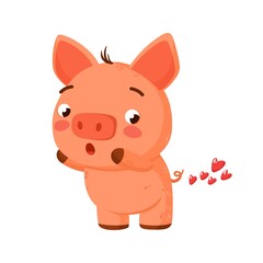 Valentine's day clipart. Cute pig farts with hearts. Humorous vector printable illustration with cartoon characters