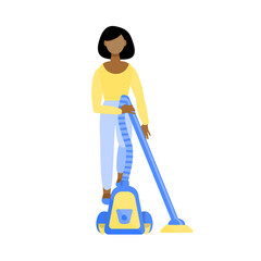 Home activity. Housework. Young African-American girl with a vacuum cleaner. A pretty woman vacuums. House cleaning. Vector illustration in a flat style isolated on a white background.