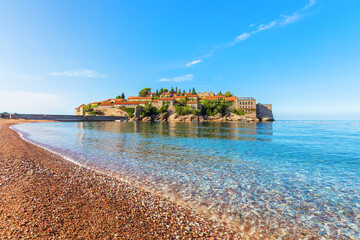 Sveti Stefan islet near Budva, view from the Beach, Montenegro