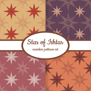 Collection of seamless patterns with ancient Sumerian symbol Star designed for web, fabric, paper and all prints 