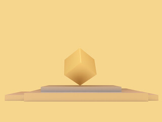 Abstract geometric cube on a square pedestal in yellow colors. 3d illustration