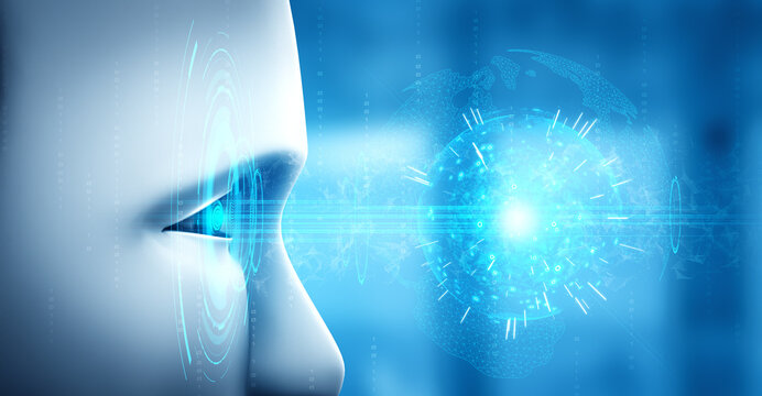 Robot humanoid face close up with graphic concept of AI thinking brain , artificial intelligence and machine learning process for the 4th fourth industrial revolution. 3D rendering