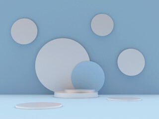 Round empty podium with circles on the walls and floor in blue pastel colors. 3D illustration