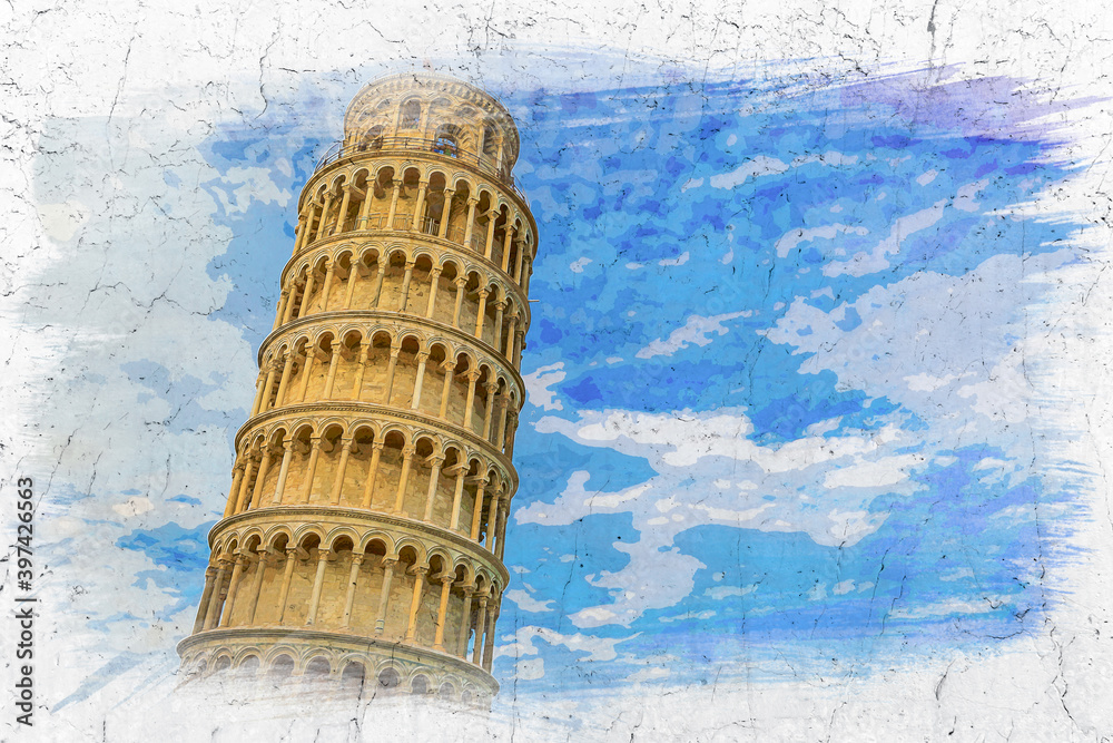 Wall mural leaning tower of pisa in italy, watercolor of painting