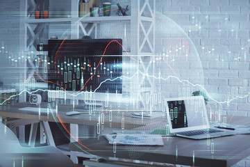 Double exposure of financial graph drawing and office interior background. Concept of stock market.