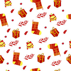 Seamless Christmas background. Boots with patterns, gifts, sprigs of plants. Vector. Bright joyful palette. Suitable for wrapping paper, fabric and wallpaper.