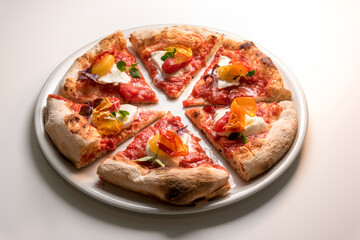 Gourmet pizza, an appetizing reinterpretation of the classic Naples pizza with tomato, mozzarella, basil and crunchy pepper skin. six slices on the plate