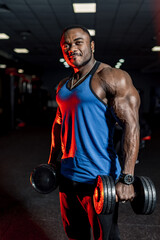Fototapeta na wymiar Male bodybuilder working out with a heavy dumbbell. Modern gym background. Blue shirt.