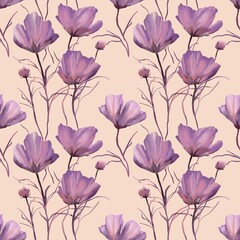 Seamless floral pattern with pansy, convolvulus and peonies,oil illustration.