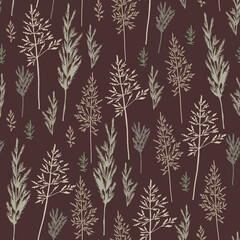 Seamless pattern of different types of field herbs and branches. For paper, covers, fabric, gift wrapping, wall painting, decorative interior design. Vector design.