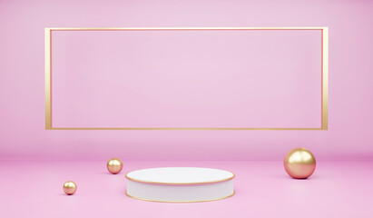Abstract podium and abstract background. pink background and gold colors scene. Trendy 3d render for abstract podium, banners, promotion, cosmetic product show, Geometric shapes interior