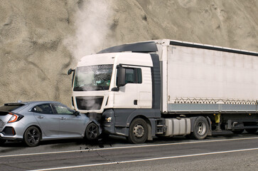 Frontal collision - accident - between a truck and a car