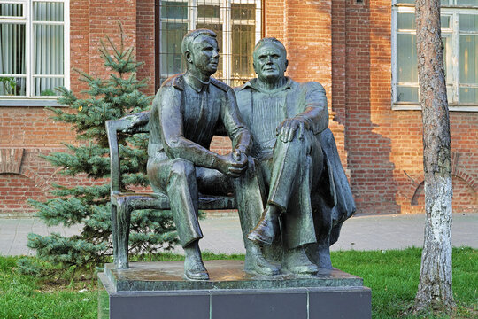 Monument to the first cosmonaut Yuri Gagarin and the rocket engineer and spacecraft designer Sergey Korolev in Taganrog, Russia