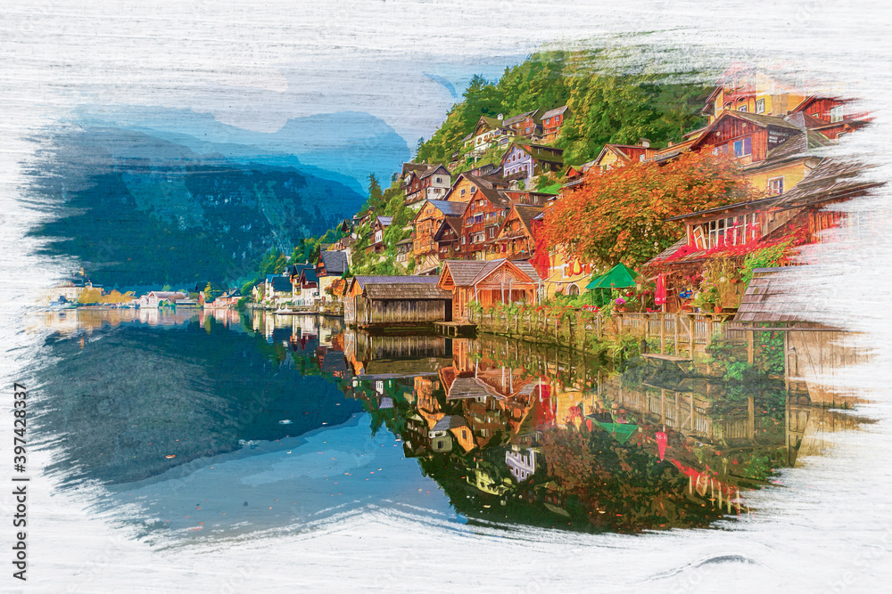 Sticker hallstatt on the lake in alps, watercolor painting