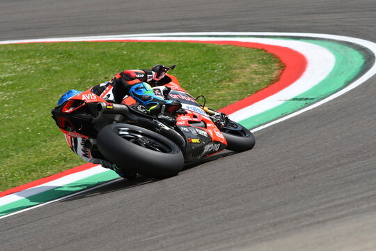 San Marino, Italy - May 12, 2017: Ducati Panigale R of Aruba.it Racing-Ducati SBK Team, driven by Melandri Marco in action during the qualifying session on May 12, 2017 in Imola Circuit, Italy