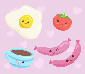 Breakfast cartoon characters on cute pink background. Vector kawaii food illustration for kids in cute cartoon style isolated on pink with hearts. Omelette, sausages, tomato and tea, coffee cup icons.