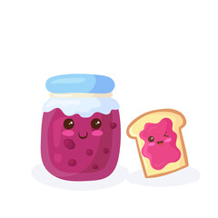 Cute cherry/strawberry jam on sliced bread. Vector illustration in flat cartoon style on white background. Kawaii sandwich & jam jar characters with happy face & smile. Kids menu bright design element