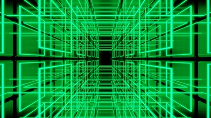 Abstract neon light corridor, appearing glowing green lines, ultraviolet spectrum., 3D Rendering