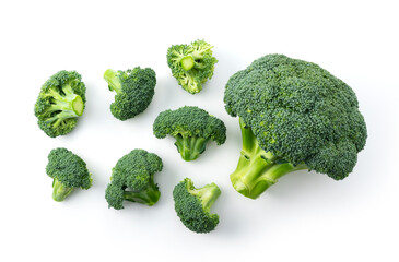Cut broccoli placed on a white background