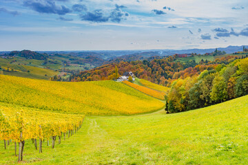 Fototapeta na wymiar Autumn landscape with South Styria vineyards, known as Austrian Tuscany, a charming region on the border between Austria and Slovenia with rolling hills, picturesque villages and wine taverns