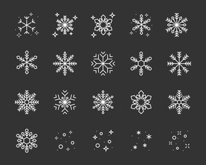 set of snowflake thin line icons, snow, winter, season