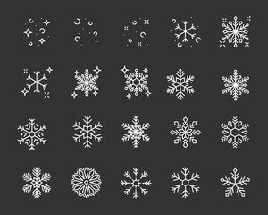 set of snowflake thin line icons, snow, winter, season