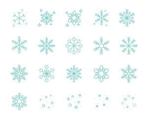 set of snowflake thin line icons, snow, winter, season