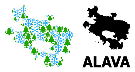 Vector mosaic map of Alava Province created for New Year, Christmas, and winter. Mosaic map of Alava Province is created with snow and fir trees.