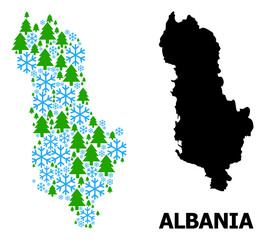 Vector mosaic map of Albania designed for New Year, Christmas, and winter. Mosaic map of Albania is designed of snowflakes and fir-trees.