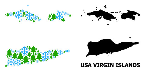 Vector mosaic map of American Virgin Islands constructed for New Year, Christmas, and winter. Mosaic map of American Virgin Islands is constructed with snow and fir forest.