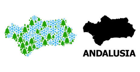 Vector mosaic map of Andalusia Province constructed for New Year, Christmas, and winter. Mosaic map of Andalusia Province is organized with snow and fir forest.