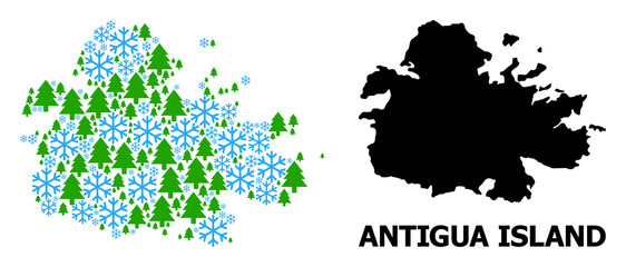 Vector mosaic map of Antigua Island constructed for New Year, Christmas, and winter. Mosaic map of Antigua Island is constructed with snow flakes and fir trees.