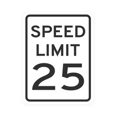 Speed limit 25 road traffic icon sign flat style design vector illustration isolated on white background. Vertical standard road sign with text and number 25.