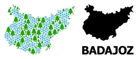 Obraz premium Vector mosaic map of Badajoz Province combined for New Year, Christmas, and winter. Mosaic map of Badajoz Province is shaped from snowflakes and fir-trees.